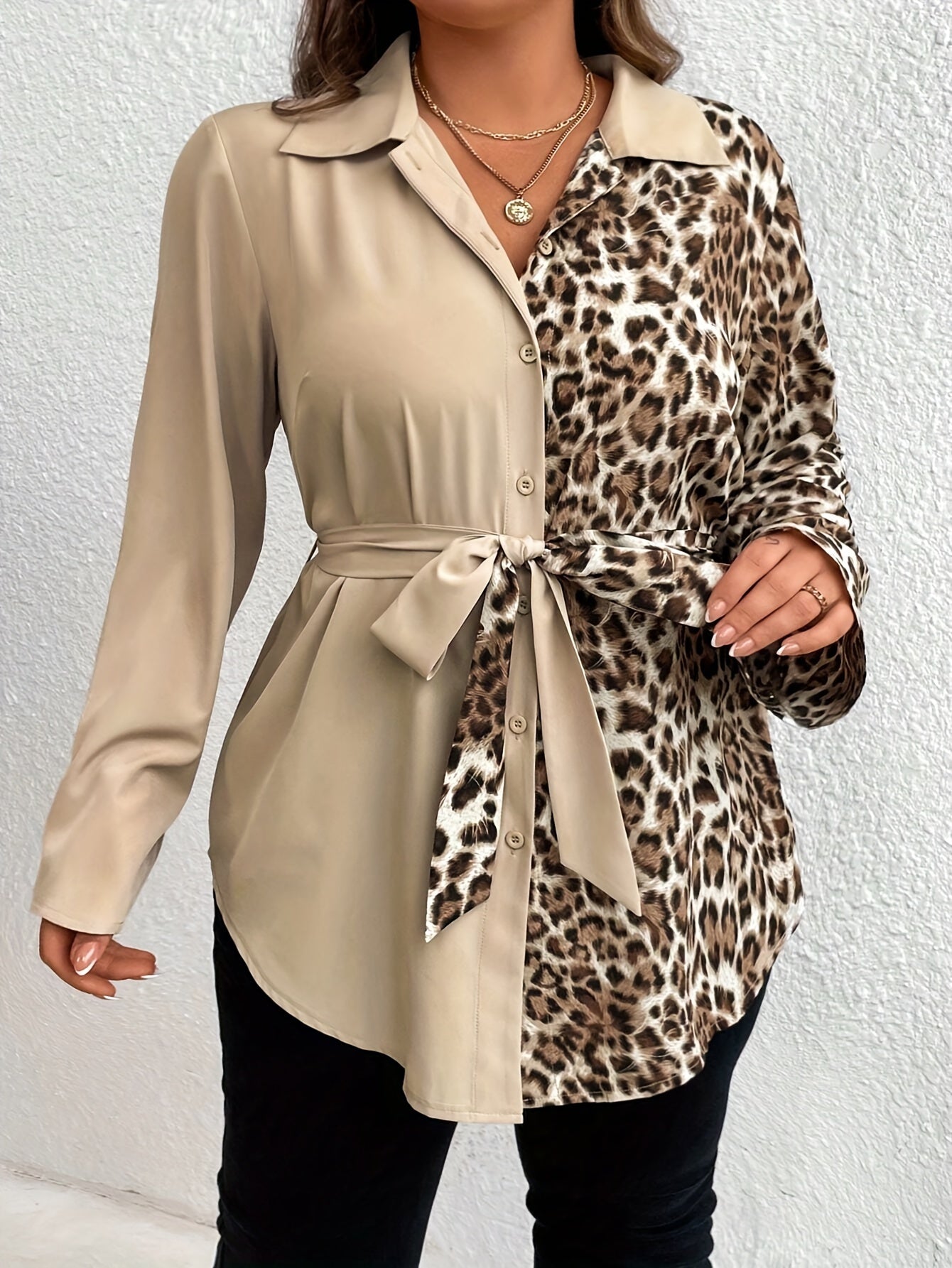 Polyester Jersey Shirt With Leopard Print, Elegant And Comfortable, Machine Washable, Crew Neck, Autumn/Winter