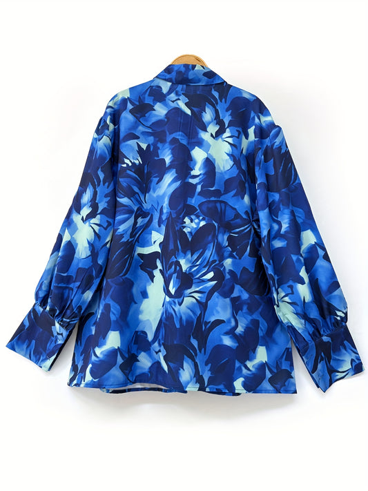 Print Women's Plus Size Blouse - Long Sleeve Button-Up Shirt with Lapel Collar, Casual & Travel-Ready for Spring/Summer, Vacation Clothing | Smooth Texture Fabric