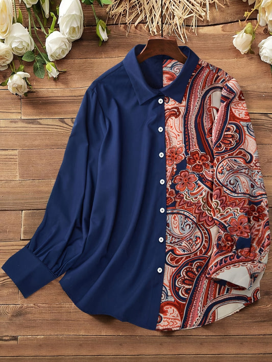 Elegant Plus Size Women's Blouse with Unique Paisley Print - Long Sleeve, Button-Up, Non-Stretch Polyester - Machine Washable