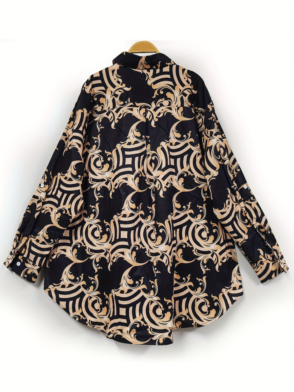 Plus Size Women's Elegant Baroque Geometric Print Long Sleeve Blouse - Loose Fit V-Neck Single-Breasted Shirt, Machine Washable Digital Print Top for Office, Vacation & Holidays, Buttoned Long Sleeves