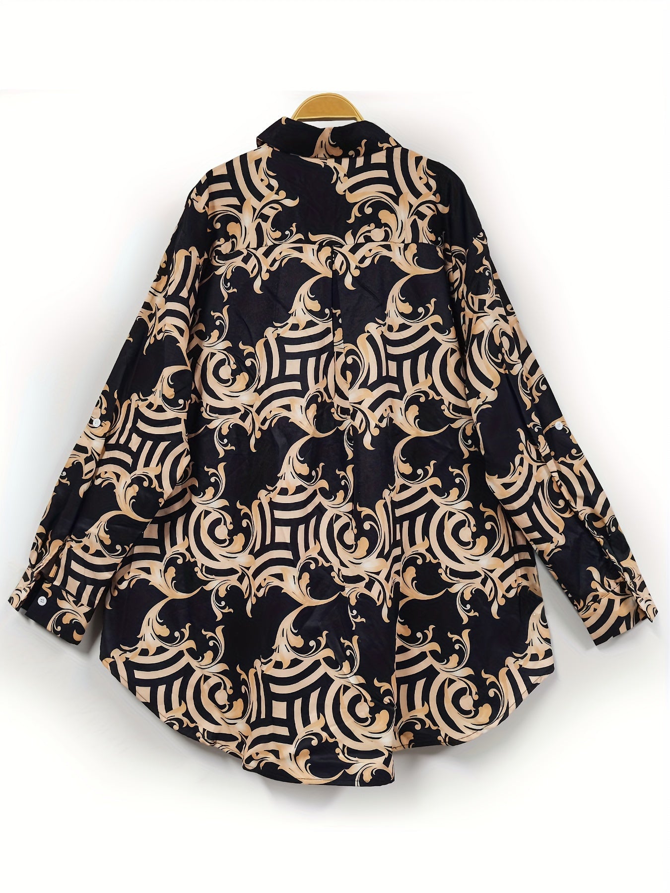 Plus Size Women's Elegant Baroque Geometric Print Long Sleeve Blouse - Loose Fit V-Neck Single-Breasted Shirt, Machine Washable Digital Print Top for Office, Vacation & Holidays, Buttoned Long Sleeves