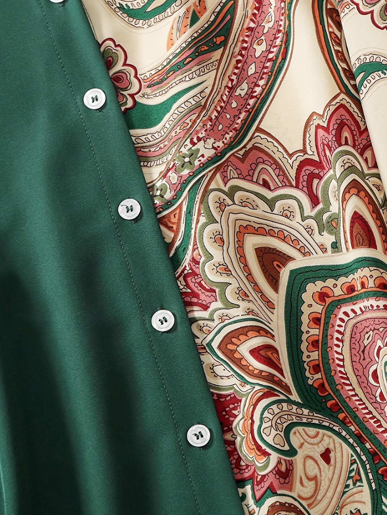 Elegant Plus Size Women's Blouse with Unique Paisley Print - Long Sleeve, Button-Up, Non-Stretch Polyester - Machine Washable