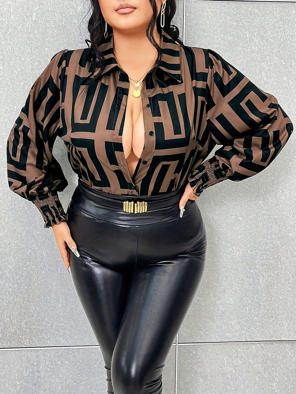 Plus Size Geo Print Button Front Shirt, Elegant Long Sleeve Shirt For Spring, Women's Plus Size Clothing
